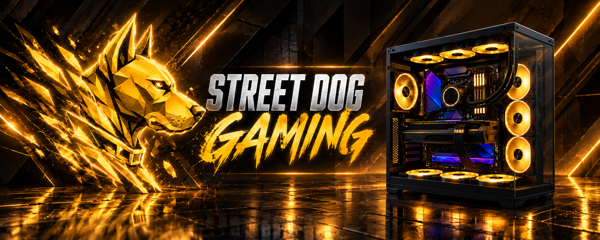 Street Dog Gaming: logo dourada e gabinete com vidro panorâmico sem coluna grossa no canto, ventoinhas internas douradas e detalhes roxos, sobre um piso metálico com reflexo